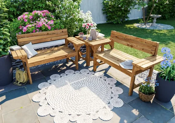 Double Garden Bench and Freestanding Table Set
