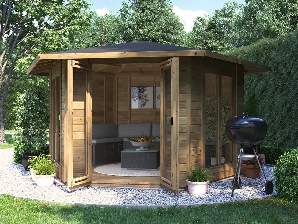 Pressure Treated Wooden Hexagonal Summer House 3.5m x 3m in Garden